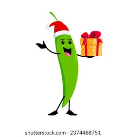 Cartoon green pea vegetable character with gift. Isolated vector Christmas healthy food personage wearing Santa hat holding colorful present box. Raw veg with cheerful smile, spreading holiday cheer