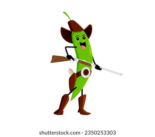 Cartoon green pea vegetable wild west ranger character. Isolated vector tough cowboy with a gun, exuding an air of resilience and determination. Ready to take on any challenge that comes his way