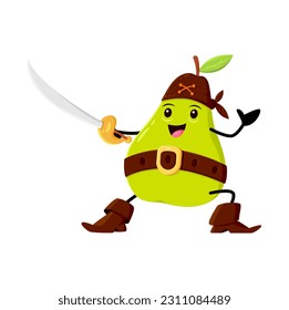 Cartoon green pear pirate and corsair character fight with cutlass. Isolated vector juicy happy smiling sailor buccaneer wear bandana and boots. Freebooter or picaroon personage for kids menu