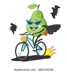 Cartoon green pear rides bike in sunglasses and cape and Halloween bats, vector image eps