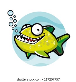 Cartoon of green piranha was smiling happily with water bubbles