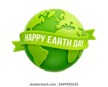 Cartoon green planet Earth and ribbon with "Happy Earth Day" text. Earth day or environmental protection, save our green planet, save the Earth concepts. 3d eco friendly design. Vector illustration