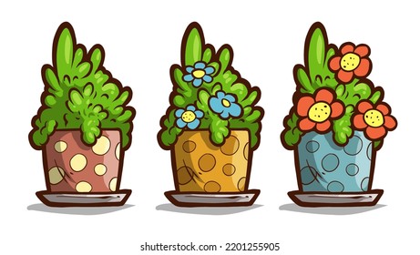 Cartoon green plant with blue and red flowers in cute flowerpot. Vector icon isolated on white background.