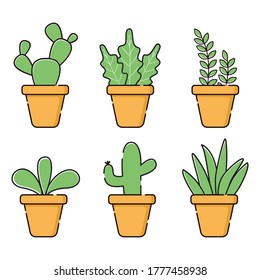 Cartoon green plant in a pot. Houseplant in pots. Green natural decor for home and interior. Objects isolated flower pots, ornamental plant flower pots. Vector illustration. flat icon.