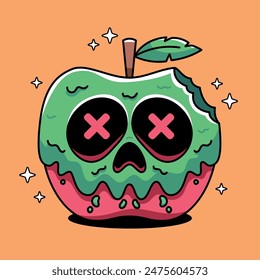 Cartoon green poison red apple with skull face
