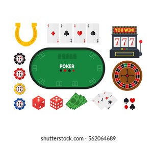 Cartoon Green Poker Table and Equipment Casino Set for Interior Play Gambling Game Flat Design Style . Vector illustration