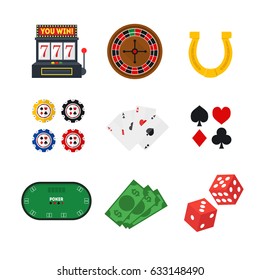 Cartoon Green Poker Table and Equipment Casino Set for Web and App Play Gambling Game Flat Design Style . Vector illustration