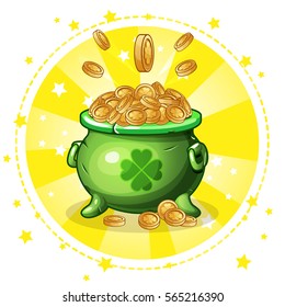 Cartoon green pot of gold coins, set greeting card for St. Patrick s Day