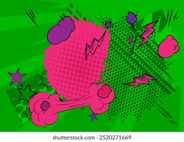 Cartoon green and purple background, comic book abstract backdrop. Retro vector comics pop art design.
