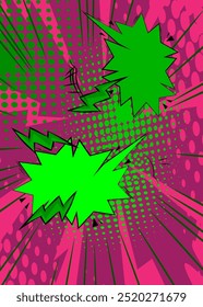 Cartoon green and purple background, comic book abstract backdrop. Retro vector comics pop art design.