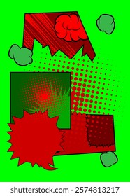 Cartoon green and red background, comic book backdrop. Retro vector comics pop art design.