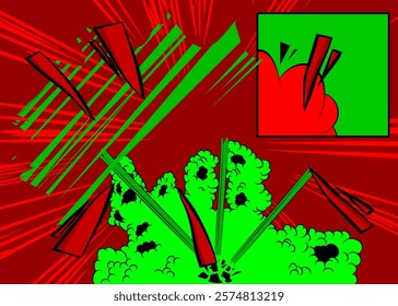 Cartoon green and red background, comic book backdrop. Retro vector comics pop art design.