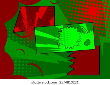 Cartoon green and red background, comic book backdrop. Retro vector comics pop art design.