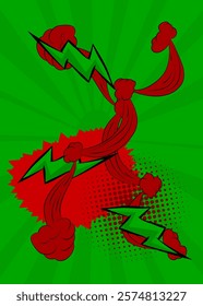 Cartoon green and red background, comic book backdrop. Retro vector comics pop art design.