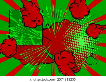 Cartoon green and red background, comic book backdrop. Retro vector comics pop art design.