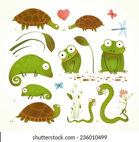 Cartoon Green Reptile Animals Childish Drawing Collection. Brightly colored childish frogs turtles snakes lizards grass leaves. Vector illustration.