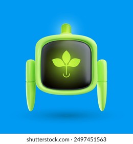 Cartoon green robot with leaves on screen in realistic 3d style. Vector futuristic character design for assistance or bot mascot.