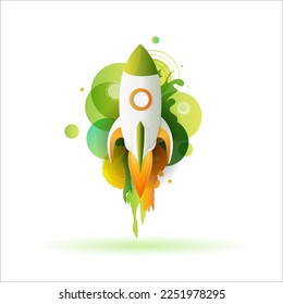 Cartoon green rocket flying in space. Spaceship rocket icon isolated on white background. Catroon space shuttle for startup business concept. Vector simple illustration