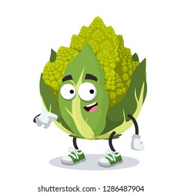 cartoon green roman broccoli cauliflower mascot showing himself on a white background