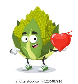 cartoon green roman broccoli cauliflower character mascot keeps the heart on white background