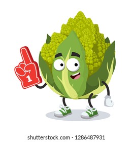 cartoon green roman broccoli cauliflower character mascot with the number 1 one sports fan hand glove on a white background