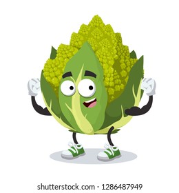 cartoon green roman broccoli cauliflower mascot shows its strength on a white background
