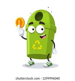 cartoon green round recycle bin garbage can mascot keeps the coin on white background