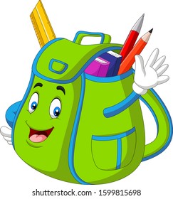 Cartoon green school backpack waving hand