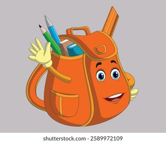 Cartoon green school backpack waving hand vector illustration