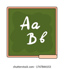 Cartoon green school board with A, B letters, study at school or college. White chalk text, alphabet, ABC. Square chalkboard icon. Vector illustration of schoolboard with wooden frames and pedestal