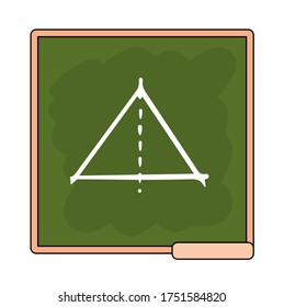 Cartoon green school board with sliced with dotted line triangle. Study at school or college. Geometry lesson. Square chalkboard icon. Vector illustration of schoolboard with wooden frame and pedestal