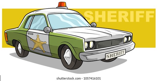 Cartoon green sheriff police car with golden badge and red flasher on yellow background. Vector icon.