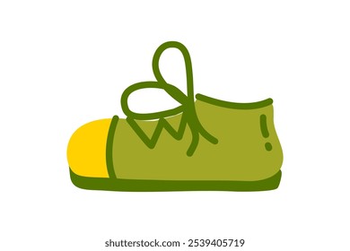 Cartoon green shoe with yellow toe and untied laces on white background.