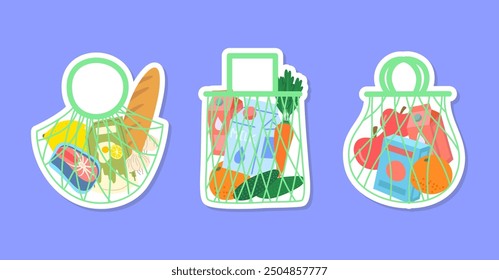 Cartoon Green Shopping String Bags with Products Stickers Set Grocery Concept Flat Design Style Include of Bakery, Sauce and Fish. Vector illustration