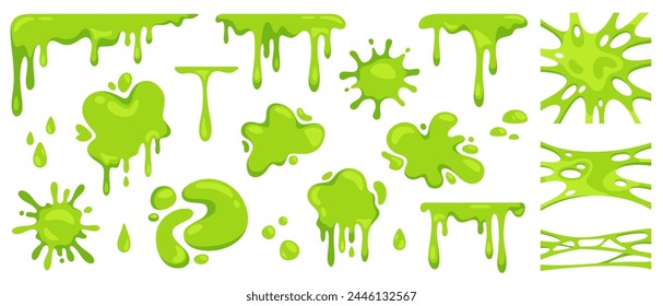 Cartoon green slime. Dripping mucus sticky liquid, slimy blobs, bright toxic stain, slimes border, messy splashes and splatter. Comic Halloween drops elements for banner. Vector set. Spooky jelly