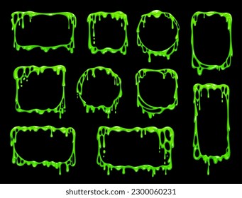 Cartoon green slime frames. Halloween holiday creepy background, vector spooky round, square and rectangle frames with flowing and dripping goo, poisonous liquid, green paint or slime