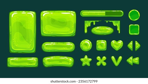 Cartoon green slime panels, icons, frames and buttons for games or web ui design. Vector slimy glossy GUI assets. Jelly game user interface pack.