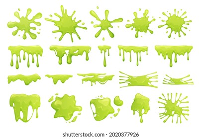 Cartoon green slime set vector flat illustration. Collection of blob splashes, toxic dripping mucus isolated on white. Goo slimy splodge and drops, liquid borders form, bright decorative texture