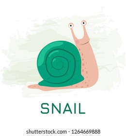 A cartoon green snail on a green watercolor background. Vector illustration EPS10