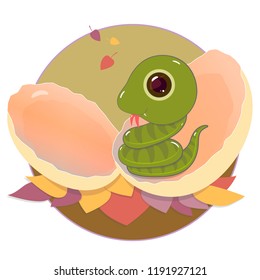 Cartoon green snake baby in broken egg shell