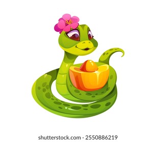 Cartoon green snake character adorned with a flower, wrapped around of traditional Chinese gold ingot, symbolizing Lunar New Year 2025 celebration, prosperity, wealth, happiness and holiday spirit