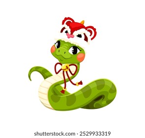 Cartoon green snake character in festive hat with traditional Chinese elements, evoking joy and prosperity. Isolated vector reptile, symbol of China lunar year 2025 capture spirit of Asian celebration