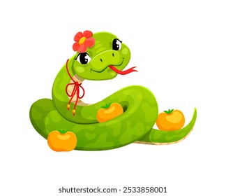 Personagem de serpente verde desenho animado com um sorriso doce. 2025 réptil lunar chinês ano usa fita vermelha e flor em sua cabeça, enrolada em torno de várias pequenas frutas tangerinas com expressão lúdica e fofa