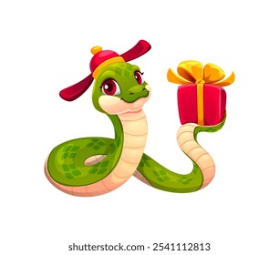 Cartoon green snake character wearing traditional Chinese hat and holding a gift box with a bow, preparing for the 2025 Lunar Year celebration. Vector friendly reptile snake symbol of Asian horoscope