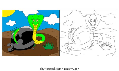 Cartoon green snake. Coloring pages and colorful character clipart. Educational game for children. Cute t-shirt design with print, badge, logo, label, patch or sticker. Vector illustration. EPS 10.