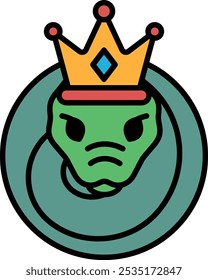 A cartoon of a green snake with a crown on its head. The snake has a frowning expression and looks angry