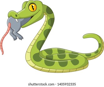 Caricatura: serpiente verde comiendo un ratón