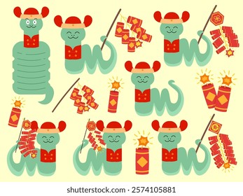 Cartoon green snake with holding Chinese festive firecrackers on the tail set collection.