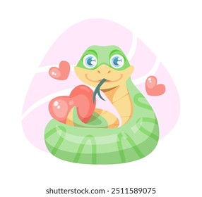 Cartoon green snake holding a red heart with hearts floating around. Cute animal illustration.