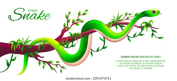 Serpiente verde de caricatura en la rama de la ilustración del vector del árbol